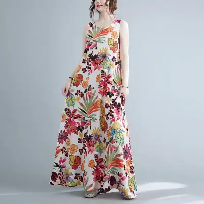 A stunning, colorful floral maxi dress suitable for summer and vacation wear, blending style with comfort for elegant occasions.