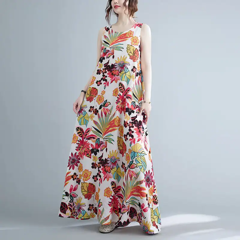 A stunning, colorful floral maxi dress suitable for summer and vacation wear, blending style with comfort for elegant occasions.