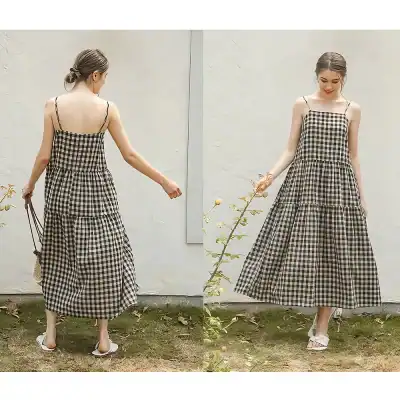 Comfortable stylish gingham maxi dress with spaghetti straps, perfect for casual outings and summer wear, available at Monalisa Store, your destination for fashionable optical accessories and apparel.