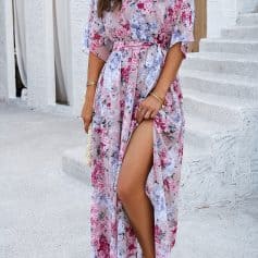 Elegant floral maxi dress for women with side slit, perfect for summer, beach, or casual occasions. Comfortable and stylish, ideal for vacation or daytime events.