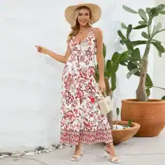 Stylish white and red floral maxi dress perfect for summer or vacation wear, available at Monalisa Store.