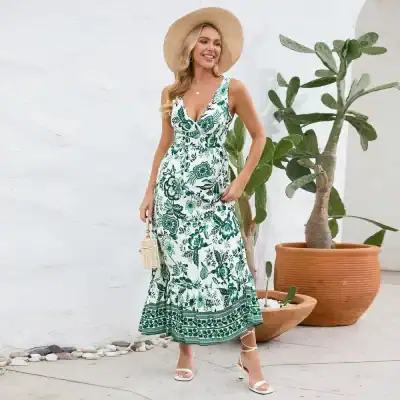 Elegant green floral print summer dress for women, perfect for vacations and casual outings. Made from lightweight, comfortable linen material with a stylish V-neck design.