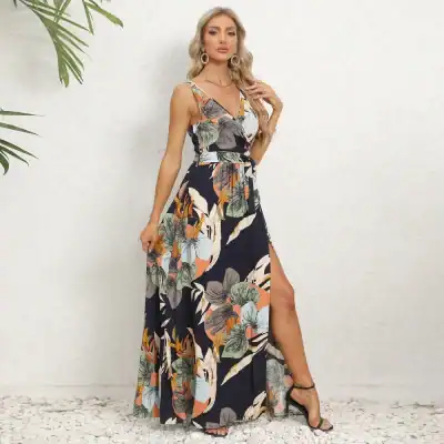 Breathtaking floral maxi dress with a thigh-high slit, designed for women seeking stylish, comfy summer fashion from Monalisa Store. Perfect for beach, outdoor events, and casual wear; statement piece for fashionable women.