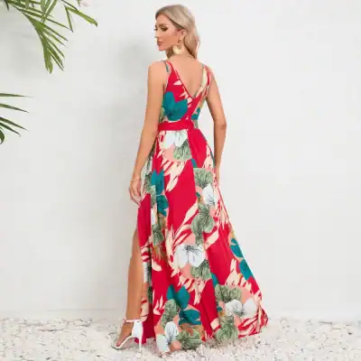 Beautiful colorful tropical print maxi dress for women, perfect for summer and vacation events, by Monalisa Store.
