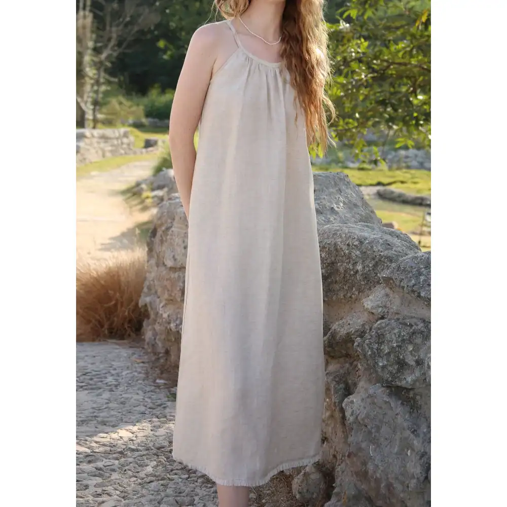Elegant beige linen maxi dress perfect for summer, casual outings, and beachwear. Comfortable and stylish options from Monalisa Store.