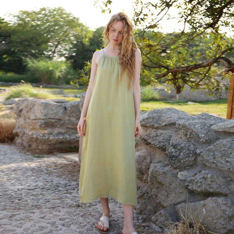 Elegant yellow sleeveless maxi dress ideal for summer outdoor activities and casual wear, featuring a comfortable flowy design perfect for warm weather.