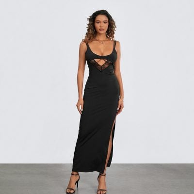 Stylish black maxi dress featuring lace accents, a slit on the side, and adjustable straps, perfect for fashionable occasions and enhancing your evening wardrobe.