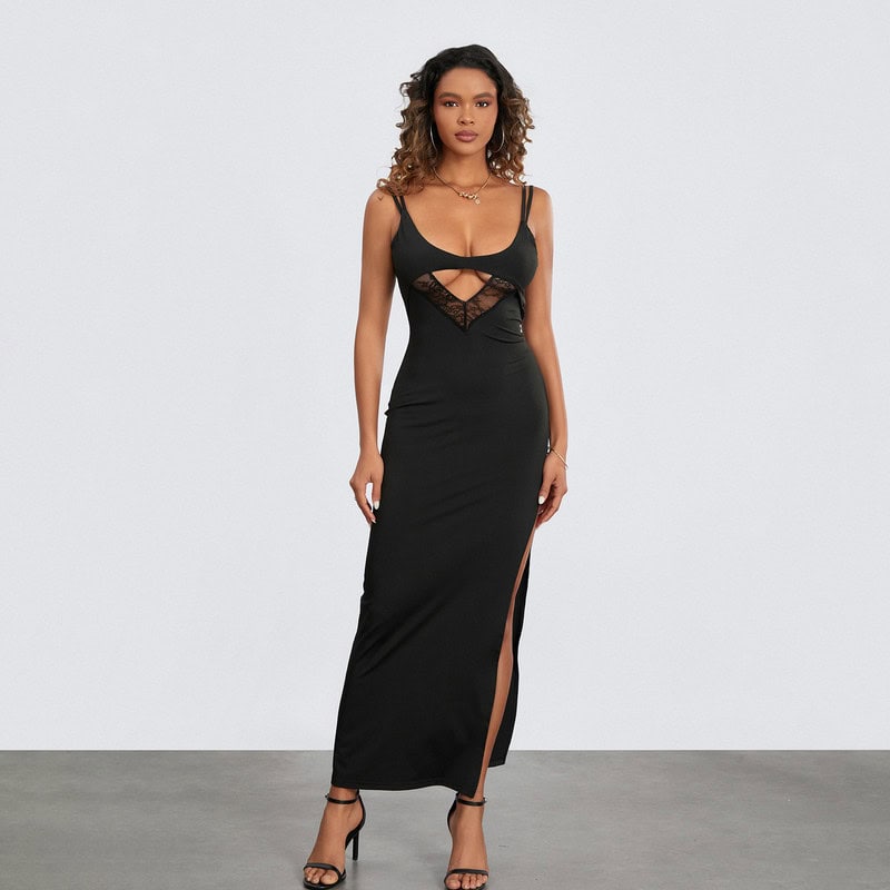 Stylish black maxi dress featuring lace accents, a slit on the side, and adjustable straps, perfect for fashionable occasions and enhancing your evening wardrobe.