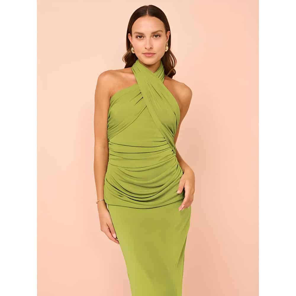 Luxurious women’s lime green dress with draped design, perfect for stylish occasions and events. Shop top-quality fashion dresses at Monalisa Store for chic and trendy women's apparel.