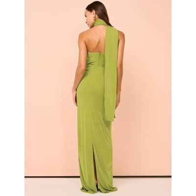 Women’s stylish lime green evening dress with slit, perfect for formal events and parties, offering a chic statement look and comfortable fit. Ideal for fashion-forward styles.