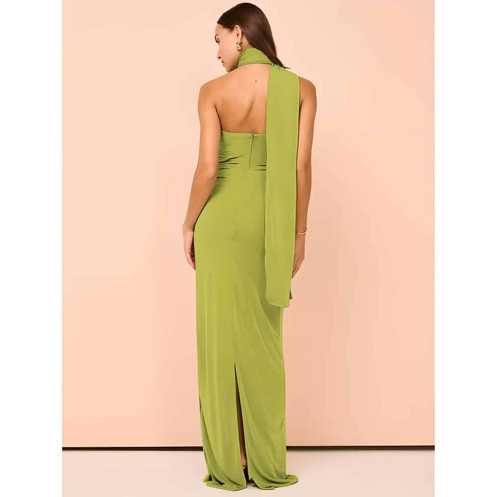 Women’s stylish lime green evening dress with slit, perfect for formal events and parties, offering a chic statement look and comfortable fit. Ideal for fashion-forward styles.