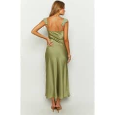 Luxurious green satin maxi dress for women, perfect for formal occasions and evening wear. Features stylish ruffled shoulder straps and a flowing silhouette, combining comfort with sophisticated style.