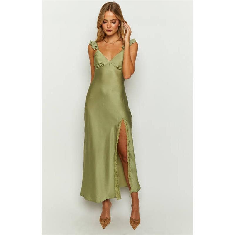 Stylish satin maxi dress ideal for formal occasions featuring a high slit for added elegance and comfort. Perfect for women seeking chic, trendy, and affordable fashion at Monalisa Store.