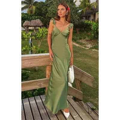 Luxurious Women's Satin Maxi Dress in Elegant Green.