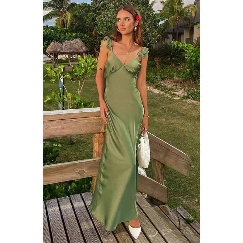 Luxurious Women's Satin Maxi Dress in Elegant Green.