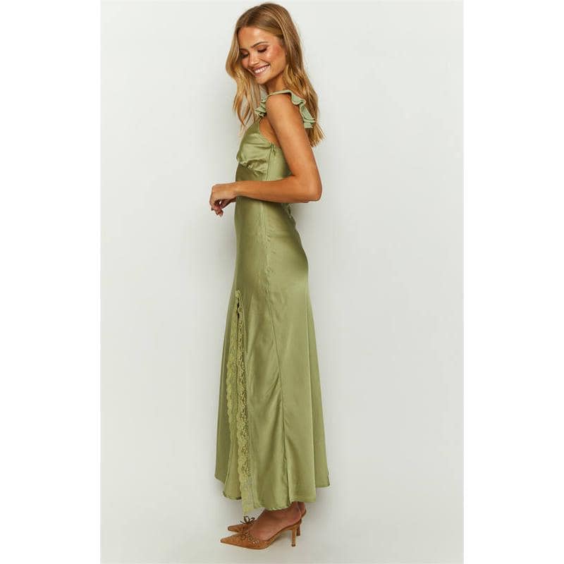 Women’s satin evening dress featuring lace accents, floor-length design, and stylish ruffled shoulder straps, perfect for formal occasions and special events.