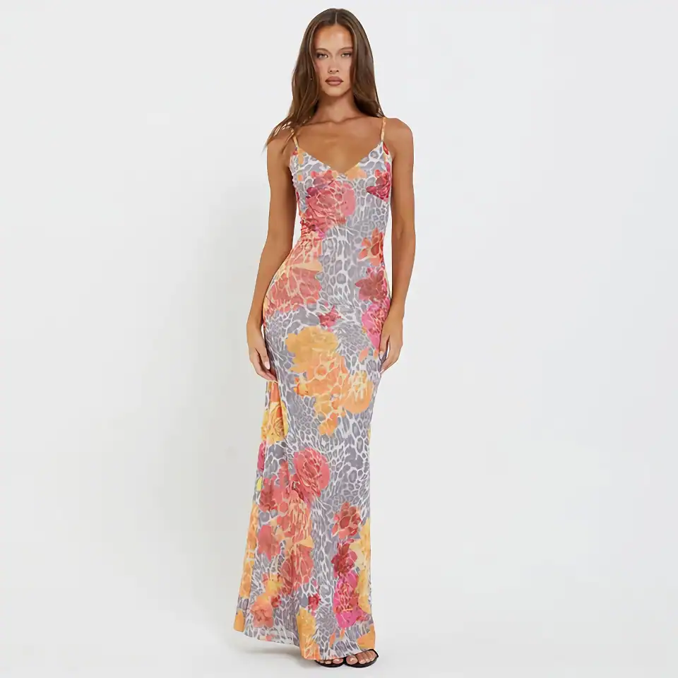 Gorgeous floral maxi dress with vibrant colors, perfect for summer outings and beach events, available at Monalisa Store.