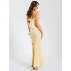 A beautiful woman wearing a yellow lace off-shoulder gown with ruffle accents, perfect for evening events or formal occasions, showcasing sophisticated fashion.