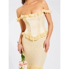 Luxurious off-shoulder ruffled corset perfect for stylish women, designed to enhance your figure and elevate your fashion statement.