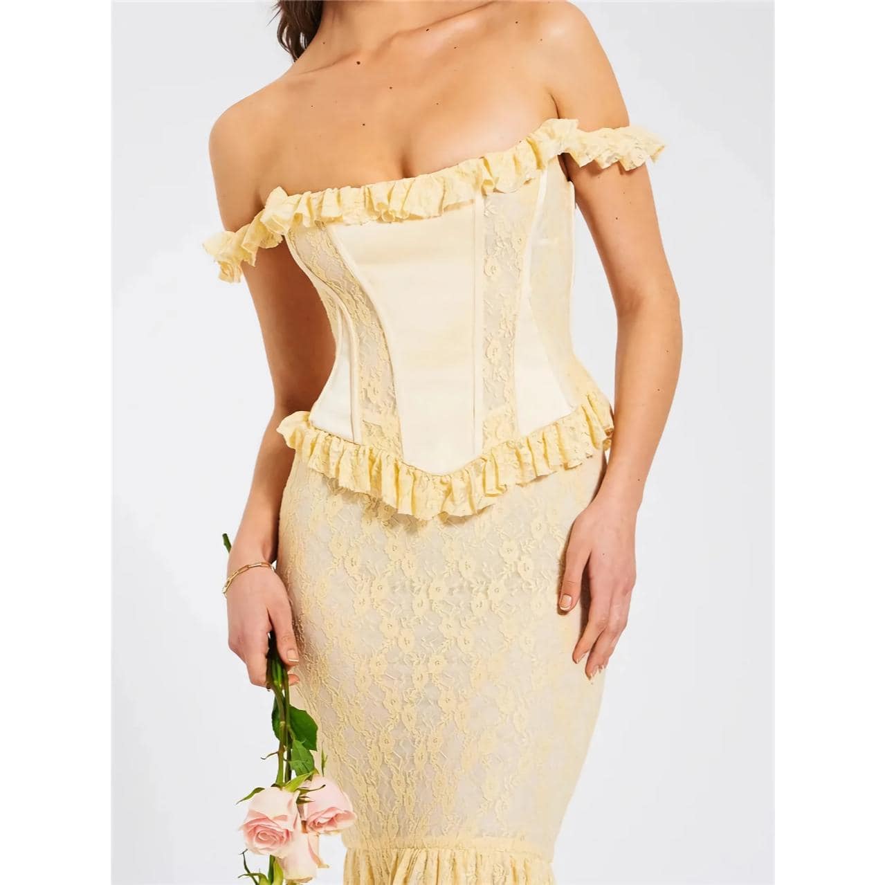 Luxurious off-shoulder ruffled corset perfect for stylish women, designed to enhance your figure and elevate your fashion statement.