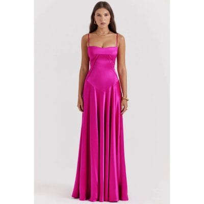 Vibrant pink satin dress with adjustable spaghetti straps, fitted bodice, and flowing floor-length skirt, perfect for a sophisticated look.