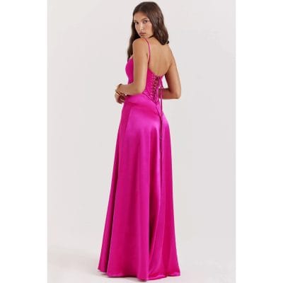 Vibrant pink satin evening gown with lace-up back detail, perfect for formal occasions and parties. Stylish, luxurious, and designed for a chic look.