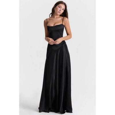 High-quality black satin evening gown featuring a fitted bodice, thin spaghetti straps, and a flowing floor-length skirt, perfect for formal occasions.