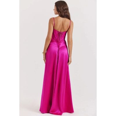 Luxurious pink satin evening gown featuring a lace-up back, spaghetti straps, and flowing design, ideal for weddings, proms, and elegant events.