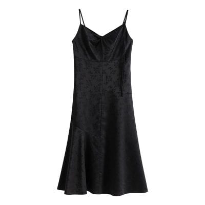 A stunning black satin dress with delicate floral patterns, adjustable spaghetti straps, and a flattering fit perfect for formal events or nights out.