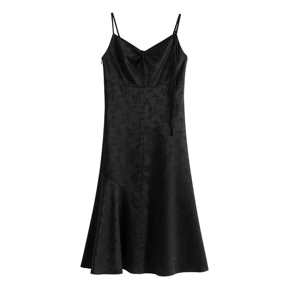 A stunning black satin dress with delicate floral patterns, adjustable spaghetti straps, and a flattering fit perfect for formal events or nights out.