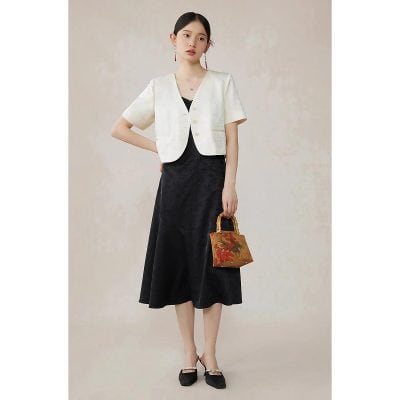 Sophisticated women's outfit featuring a stylish black dress and white blazer, perfect for Monalisa store options, luxury fashion, and modern accessories.