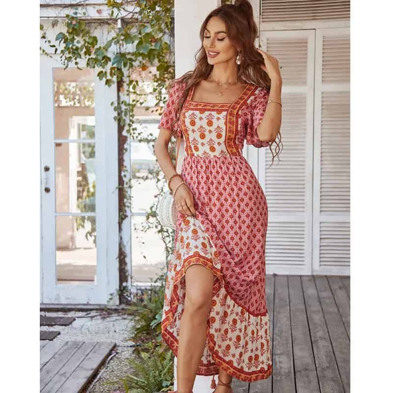 Elegant women's summer dress with floral prints, suitable for beach outings and casual events, available at Monalisa Medical Store.