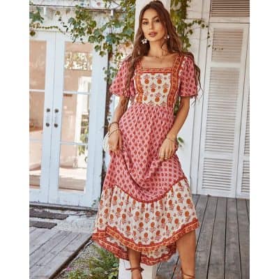 Elegant bohemian floral dress for women, perfect for summer and casual outings, featuring vibrant red and white patterns, lightweight fabric, and comfortable fit.