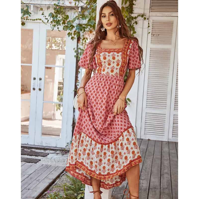 Elegant bohemian floral dress for women, perfect for summer and casual outings, featuring vibrant red and white patterns, lightweight fabric, and comfortable fit.