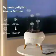 Enhanced essential oil diffuser for home and spa use, featuring jellyfish-inspired design, colorful gradient lighting, dynamic sound pickup, and jetfish compression for relaxing ambiance.
