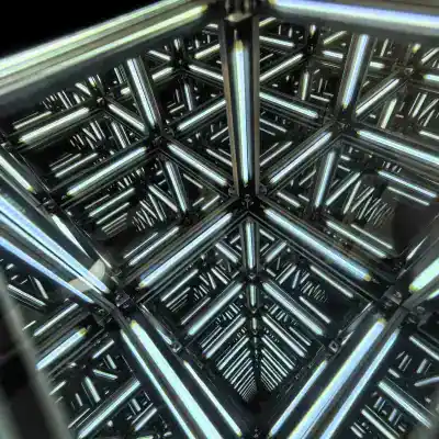 A close-up view of a high-tech LED cube with bright, illuminated neon lights, perfect for use in modern optometry clinics or medical display windows to attract attention and showcase advanced technology.