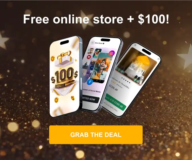 Mobile phones displaying a free online store offer with a $100 bonus, ideal for dropshipping beginners.
