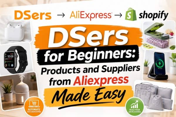 Collage showing DSers, AliExpress and Shopify logos with bold headline: 'DSers for Beginners: Products and Suppliers from AliExpress Made Easy' and various product photos around.