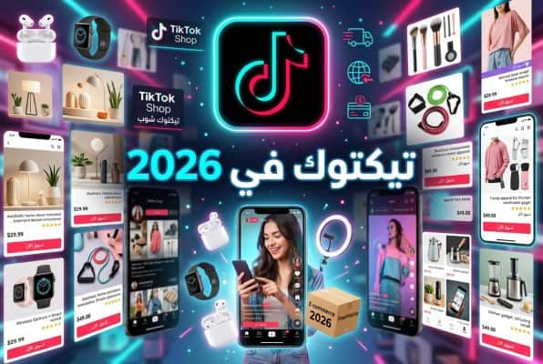 Bright TikTok Shop 2026 promotional collage with a central TikTok logo, phones showing shopping app screens, and various product images.