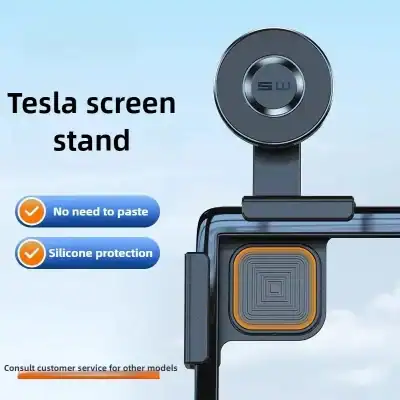 Tesla screen stand shown mounted on a smartphone with two blue feature badges: “No need to paste” and “Silicone protection.”
