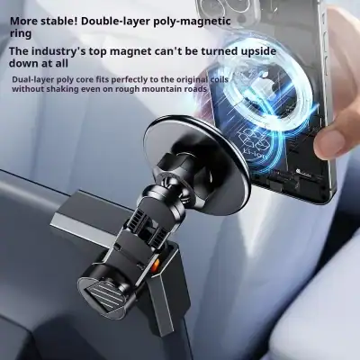 Car magnetic phone holder with a double-layer poly-magnetic ring securing a smartphone to a car dash/vent area on display.