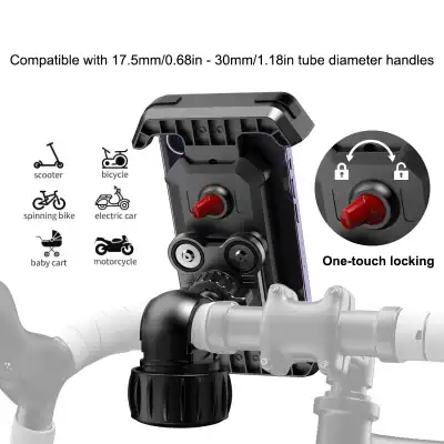 Phone mount for bike handlebars with one‑touch lock, showing compatibility icons (scooter, bicycle, spinning bike, electric car, baby cart, motorcycle).
