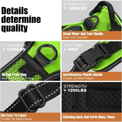 Infographic collage of a neon-green dog harness with close-up shots highlighting features: strong>1200 lbs, stand wear-and-tear handle, no-pull front ring, durable plastic buckle, and reinforced stitching.