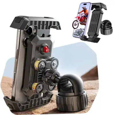 Adjustable smartphone bike mount with clamp and suction cup holding a phone showing a motocross image (for hands-free use).