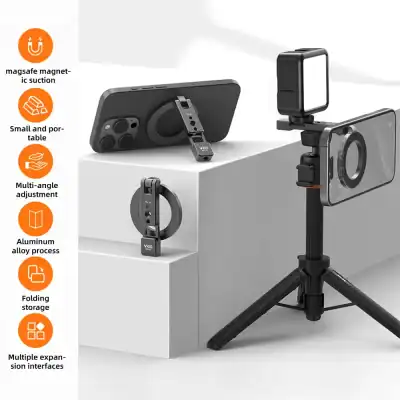 Compact phone tripod setup with magnetic MagSafe accessory and foldable legs for stable filming or selfies on a desk or shelf.