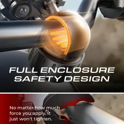 Promotional graphic showing a motorcycle helmet and enclosure mechanism with orange glow and the text'FULL ENCLOSURE SAFETY DESIGN' across the image.