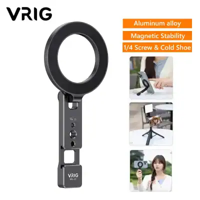 VRIG ring light mount in black with adjustable arm; features aluminum alloy, magnetic stability, 1/4" screw and cold shoe lock for phones and cameras