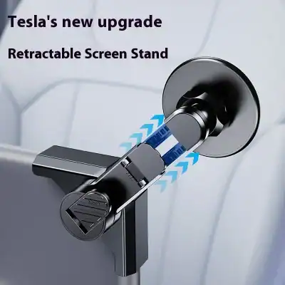 Promotional image: Tesla's new upgrade retractable screen stand mounted on a device with a blue screen pathway illustration