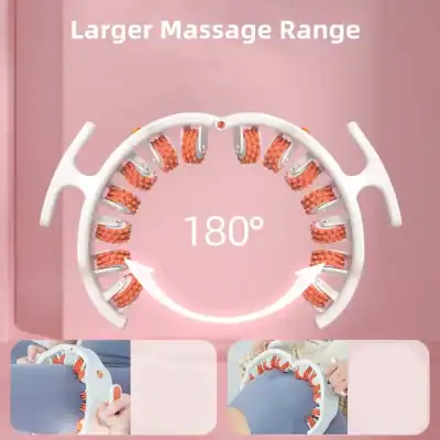 Circular massage ring with orange nodules on a pink backdrop, showing a 180° range and the text'Larger Massage Range'.