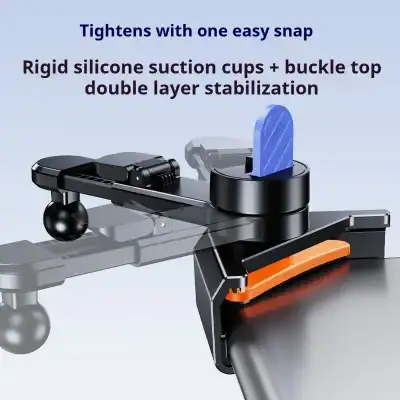 Close-up of a mounting clamp with blue lock and orange lever, showing rigid silicone suction cups for double-layer stabilization and one-snap tightening.